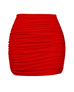 YMDUCH Women's Sexy High Waist Solid Tight Ruched Bodycon Mini Club Skirt Red