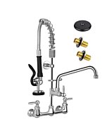 Commercial Faucet with Sprayer 8 Inch Center Wall Mount Commercial Sink Faucet, 26'' Height with Pull Down Pre-Rinse Sprayer & 12" spout, with Thickened Hose for 2-3 Compartment Utility Sink