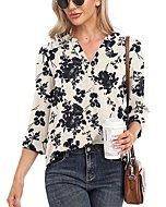 VIISHOW Womens Blouse Loose 3/4 Sleeve Shirts Casual V Neck Work Chiffon Blouses Top Floral White Medium