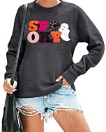 MOUSYA Halloween Spooky Sweatshirts Spooky Patch Pullover Halloween Sweatshirt for Women Fall Chenille Pullover Top Grey