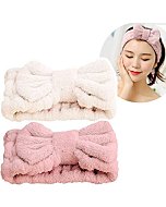 Jseng Microfiber Bowtie Women Beauty Headbands, Extrame Soft & Ultra Absorbent, Comfort to Wash Makeup Shower Facial Skincare Spa Thick Hair Band for Girls (Beige+Pink)