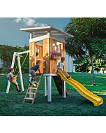 Avenlur Modern Outdoor Backyard Swing Set Children's Rock Climbing Wood Playground Playset 2 Belt Swings, Clubhouse Fort, Windows, Ladder, Wavy Slide Toddlers, Kids Climbers Play Adventure Rock 3-11yr