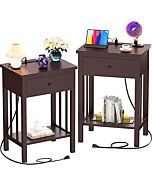 Homykic Nightstand with Charging Station, Bamboo Nightstands Sets of 2, Wood Bedside Table with USB Ports and Outlets, End Table Side Table with Drawer and Storage Shelf for Bedroom, Espresso