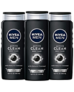 NIVEA MEN DEEP Active Clean Charcoal Body Wash, Cleansing Body Wash with Natural Charcoal, 3 Pack of 16.9 Fl Oz Bottles