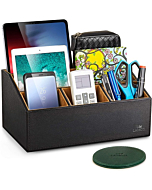 LAMOTI Leather Desk Organizer with a 4" Coaster, Large Capacity 5 Compartments Desktop Unifier, Handcrafted (Black)