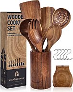 Wooden Spoons for Cooking, Wooden Cooking Utensils Set with Holder & Spoon Rest, Teak Wood Spoons and Wooden Spatula for Cooking, Nonstick Natural and Healthy Kitchen Cookware, Durable Set of 13pcs