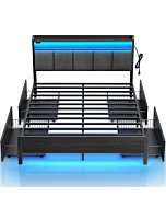 Rolanstar Bed Frame Queen Size with Charging Station and LED Lights, Upholstered Storage Headboard with Drawers, Heavy Duty Metal Slats, No Box Spring Needed, Noise Free, Easy Assembly, Dark Grey