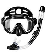 Snorkel Set, Dry Top Snorkeling Gear for Adults, Panoramic Anti-Leak and Anti-Fog Tempered Glass Lens, Adults Adjustable Snorkeling Set, Scuba Diving Swimming Training Snorkel Kit with Mesh Bag