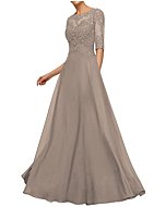 Wedding Guest Dresses for Women Lace Appliques Mother of The Bride Dresses Long Evening Dresses Short Sleeve Taupe