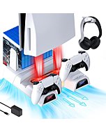 NexiGo PS5 Accessories Silent Cooling Stand with Headset Holder and AC Adapter, for PS5 Disc & Digital Editions Dual Controllers Charger, 3 Levels Adjustable Fans Speed, 10 Game Rack Organizer, White