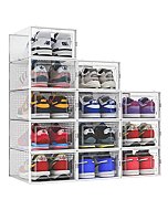 SESENO. 12 Pack Shoe Storage Boxes, Clear Plastic Stackable Shoe Organizer Bins, Drawer Type Front Opening Shoe Holder Containers