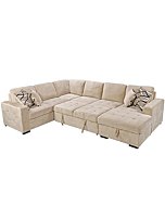 THSUPER 6-Seaters Sectional Sleeper Sofa with Pull Out Bed with Chaise Lounge and Storage, U Shape Couches Set for Living Room - Beige