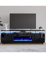 Amerlife Fireplace TV Stand with 36" Fireplace, 70" Modern High Gloss Entertainment Center LED Lights, 2 Tier TV Console Cabinet for TVs Up to 80", Black