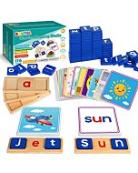 Educational Toys for 3 4 5 Years Old Kids - Wooden Short Vowel Reading Letters Spelling Toy with 50 Double-Sided Flash Cards, Preschool Kindergarden Learning Activities Toy for Boys and Girls