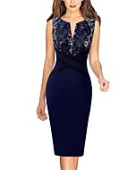 VFSHOW Womens Navy Blue 3D Floral Embroidered Patchwork Slim Zipper Up Party Cocktail Bodycon Pencil Sheath Dress 8218 BLU XS