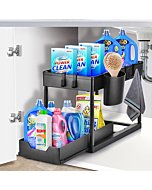 Height-adjustable Under Sink Organizers and Storage, 2-Tier Under the Sink Organizer with Sliding Drawer, Hooks, and Hanging Cup, Premium Bathroom Organizer Under Sink