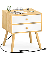 Homykic Bamboo Nightstand with Charging Station, Mid Century Modern Bedside Table with USB Ports and 2 Large Drawers, Real Wood Boho End Table Side Table for Bedroom, 19.7"W x 15.8"D, Natural + White