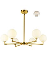 BAODEN 6-Lights Globe Mid Century Chandelier Modern Sputnik Pendant Light Fixture with G9 Bulb Brushed Brass Finished with White Globe Glass Lampshade Dining Kitchen Island Bedroom Lighting (Gold)