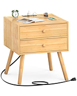 Homykic Nightstand with Charging Station, Bamboo Mid Century Modern Bedside Table with USB Outlets and 2 Drawers, Large Accent Boho Wood End Table Side Table for Bedroom, Easy to Assemble, Natural