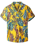 Derminpro Men's Summer Floral Hawaiian Shirts Short Sleeve Stretch Button Down Beach Shirt Leaf-Yellow Large