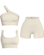 OQQ Women's 3 Piece Outfits Ribbed Seamless Exercise Scoop Neck Sports Bra One Shoulder Tops High Waist Shorts Active Set Beige