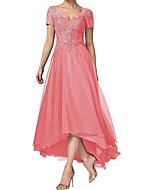 Short Sleeves Mother of The Bride Dresses for Women Lace Appliques V Neck High-Low Formal Wedding Party Prom Dress Coral