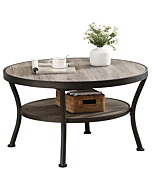 O&K FURNITURE Rustic Round Coffee Table for Living Room, Industrial Coffee Table with Storage Open Shelf, Gray-Brown