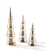 LampLust Mercury Glass Christmas Tree Decoration - Set of 3 Assorted Trees with Fairy Lights, 10 Inch Tall, Silver Finish, Batteries Included, Holiday Table Centerpiece or Mantle Decor