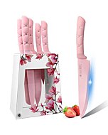 Kitchen Knife Set, Retrosohoo Pink Flower 6PC Stainless Steel Sharp Chef Knife Set with Acrylic Stand, Cooking Non-slip Knife Set with Block, Non-stick Colorful Coating Gift for Women Girls (Pink)