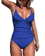 CUPSHE Women's One Piece Swimsuit Shirring Design V Neck Low Back Bathing Suit, Deep Blue, XS