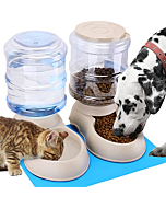 2 Pack Automatic Cat Feeder and Water Dispenser in Set with Pet Food Mat for Small Medium Dog Pets Puppy Kitten Big Capacity 1 Gallon x 2 (2 Pack Cream)