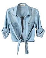 Omoone Women's 3/4 Sleeve Denim Crop Top Tie Knot Shirt Cardigan (0774-Light Blue-M)