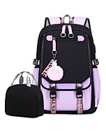 Bevalsa Backpack with Lunch Bag Bookbag Set for Girls Kids Middle High School College Student 21L Casual Daypack Children Schoolbag Bookbag with USB Charging Port (Purple)