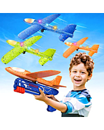 A set of three colorful LED foam glider airplanes with a launcher for kids aged 4 to 12