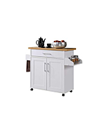 Hodedah Kitchen Island with Spice Rack, Towel Rack & Drawer, White with Beech Top, 15.5 x 35.5-44.9 x 35.2 inches