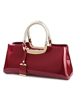 Glossy Faux Patent Leather Structured Shoulder Handbag Women Evening Party Satchel (Red)