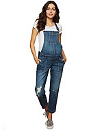 Motherhood Maternity Women's Maternity Indigo Blue Side Panel Skinny Ankle Length Denim Overalls, Medium wash