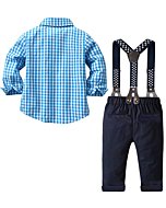 Baby Boy's 2 Pieces Tuxedo Outfit, Long Sleeves Plaids Button Down Dress Shirt with Bow Tie + Suspender Pants Set for Infant Newborn Toddlers, Blue, Tag 90 = 18-24 Months