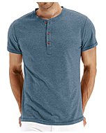 PEGENO Men's Casual Slim Fit Short Sleeve Henley T-Shirts Cotton Shirts VG-Blue-US XL