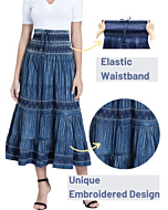 DREFBUFY Maxi Skirt Womens High Waist Pleated Tiered Long Skirts, Denim Look with Elastic Waistband, Casual Style Midi Dress for Women, Multi Wearing Styles (Blue15, Large)