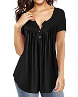 AMCLOS Womens Tops Floral V Neck T-Shirts Swing Blouses Button up Tunic Casual Flowy Summer Soft Short Sleeve(XL, Black)