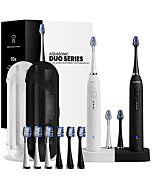 AquaSonic Duo Dual Handle Ultra Whitening 40,000 VPM Wireless Charging Electric ToothBrushes - 3 Modes with Smart Timers - 10 Dupont Brush Heads & 2 Travel Cases Included