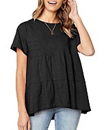 Defal Women Summer Causal Short Sleeve Flare Swing Top T Shirt Babydoll Waistline Tee(Black,S)