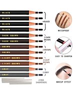 Waterproof Eyebrow Pencils Brow Pencil Set For Marking, Filling And Outlining, Tattoo Makeup And Microblading Supplies Kit-Permanent Eye Brow Liners In, 12Pcs 5Colors(4Black6Brown2Gray）(Multicolor)