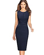 VFSHOW Womens Elegant Navy Blue and White Striped Cocktail Party Slim Zipper up Work Business Office Sheath Dress 2619 BLU S