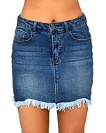 luvamia Women's Casual Mid Waisted Washed Raw Hem Pockets Denim Jean Short Skirt Blue Size Small