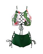 GIRLANDSEA Women Two Piece Bikini High Waist Tankini Backless Leaf Bathing Suit Set Green L