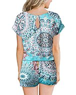 ANRABESS Women's Boho Printed Rompers Casual Loose Crewneck Short Sleeve Jumpsuit Pockets Elastic Waist Pajamas Loungewear A233-minzufeng-S