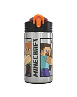 Zak Designs Minecraft - Stainless Steel Water Bottle with One Hand Operation Action Lid and Built-in Carrying Loop, Kids Water Bottle with Straw Spout is Perfect for Kids (15.5 oz, 18/8, BPA-Free)