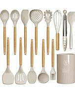 Wooden handle silicone spatula set in a kitchen - Khaki